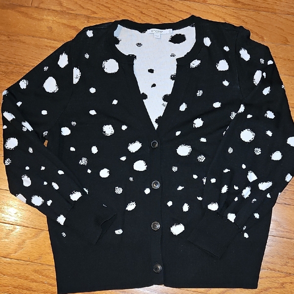 CHICO'S BLACK/WHITE POLKA DOT V NECK CARDIGAN SWEATER sz XL - Picture 1 of 4